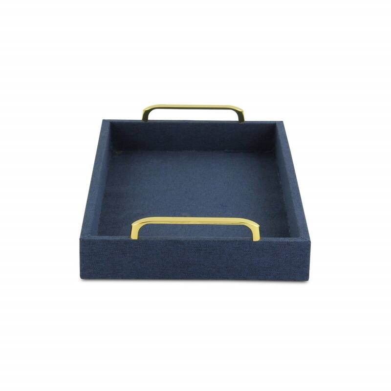 Navy Blue Linen and Wooden Tray - 18 W x 14 D x 7 H