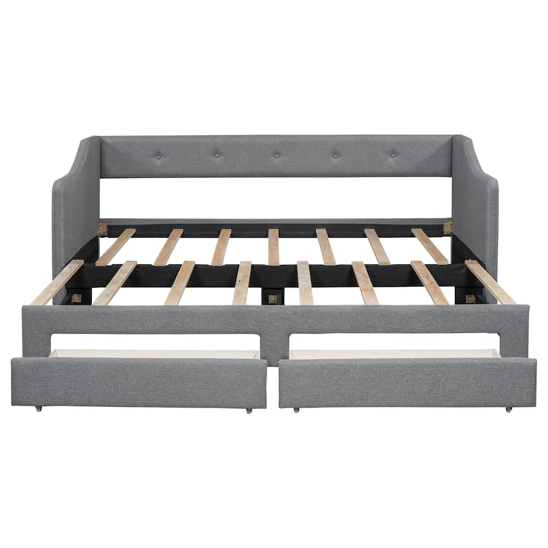 Twin XL to King Size Upholstered Daybed with 2 Drawers for Storage, Gray Fabric Sofa Bed with Comfortable Backrest