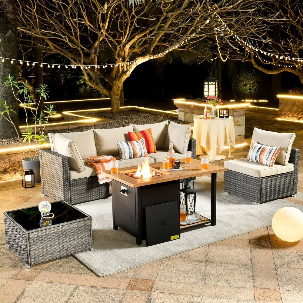 HOOOWOOO 4 Seater Grey Rattan Outdoor Furniture Fire Pit Set
