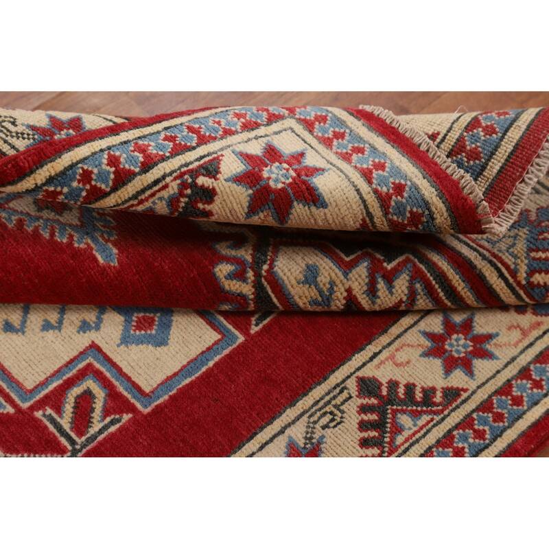 Geometric Red Kazak Accent Rug Hand-Knotted Wool Carpet - 3'4" x 4'9"