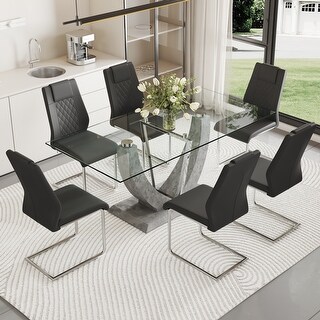 Table and Chair Set,Large Modern Rectangular Glass Table,Accommodate 6 ...