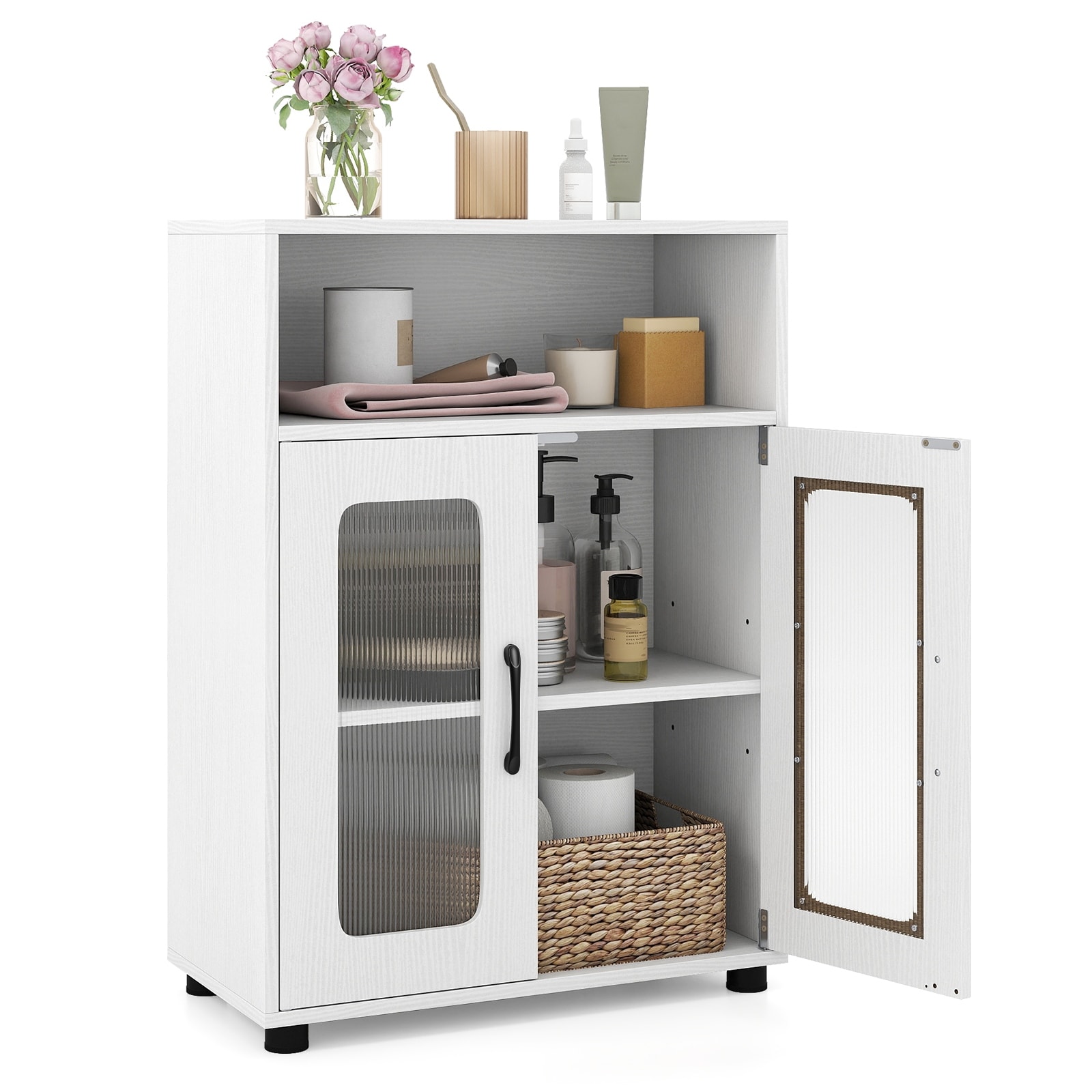 Gymax Bathroom Cabinet Freestanding Cabinet w/ 2 Doors & 3-Level