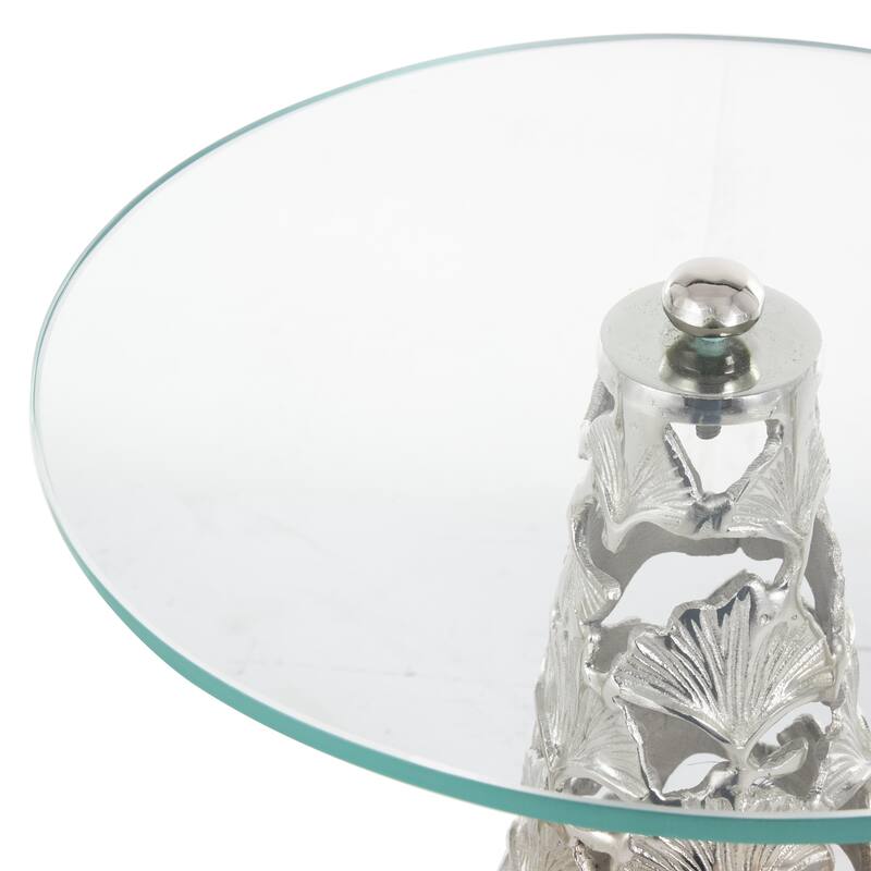 Aluminum Metal Floral Cutout Cone Shaped Accent Table with Tempered Glass Tabletop - Set of 3 Silver or Gold - Roche River Decor