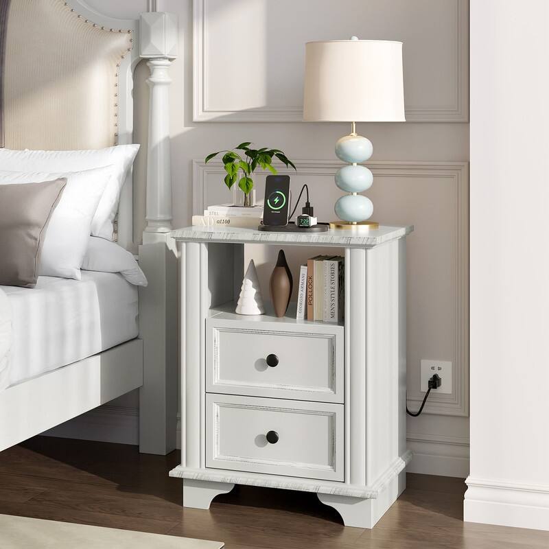 White MDF 2-Drawer Nightstand with Outlet, Black Brushed Handles, 19.7x13.8x25.8in - 1pc