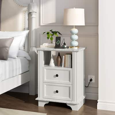 White MDF 2-Drawer Nightstand with Outlet, Black Brushed Handles, 19.7x13.8x25.8in - 1pc