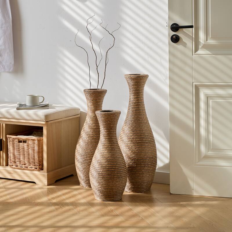 3-Piece Artificial Rattan Floor Vase - For Living Room Decoration, Entrance Or Hallway - For Dry Or Silk Flower Arrangements