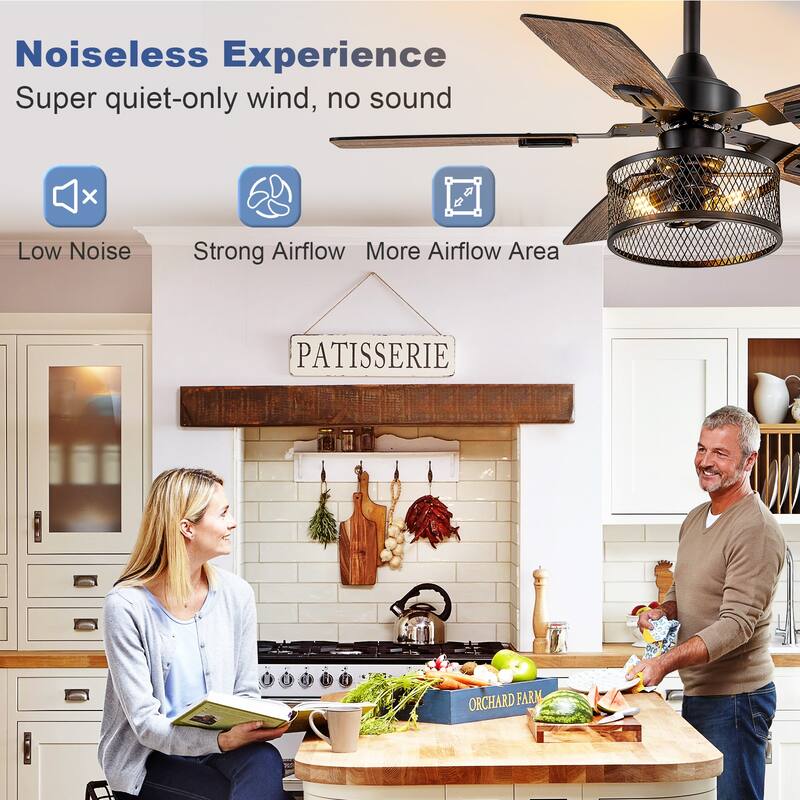 42-52Inch Caged Ceiling Fans with Lights: Dual Finish 5 Blades - Rustic with Remote Control (E26 Bulb Included)