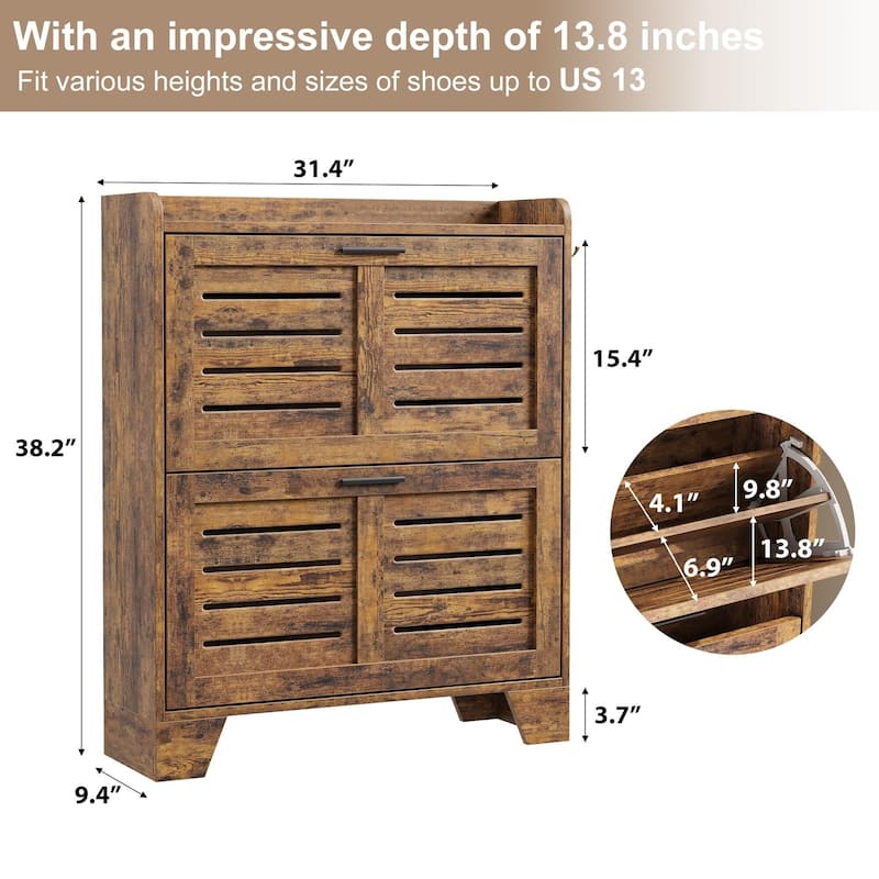 Slim Entryway Shoe Cabinet, 2 Flip-Drawer Organizer with Adjustable Shelves
