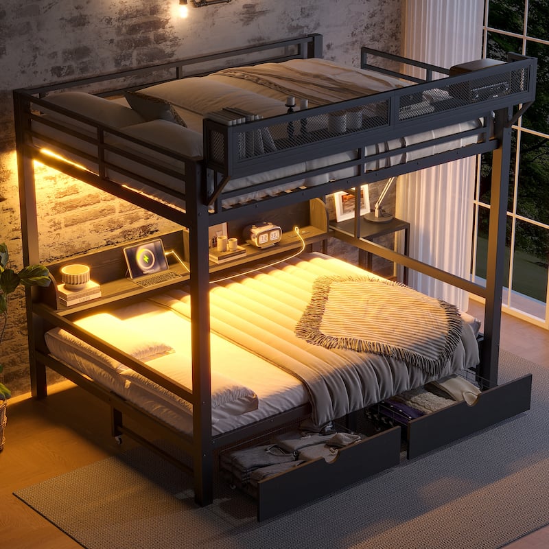 Queen over Queen Bunk Bed with Storage Shelves & Drawers, USB Ports & LED Lights, Convertible Sofa Lower Bed