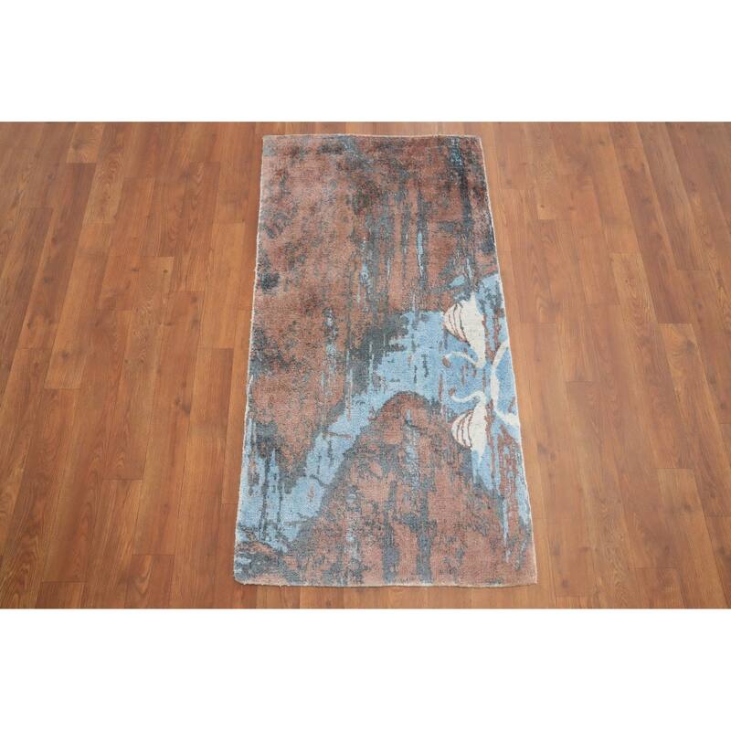 Hand Knotted Oriental Viscose Silk Carpet Modern Animal Pictorial Multi-Colored Abstract Area Rug - 4' 0'' X 2' 0''