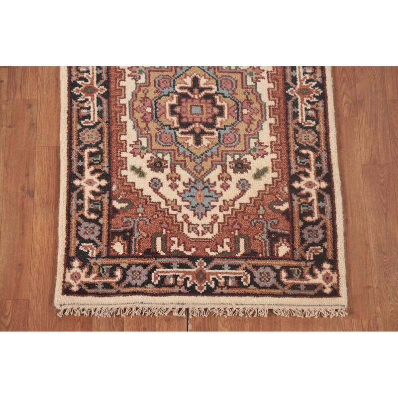 Geometric Beige Heriz Serapi Runner Rug Hand-Knotted Wool Carpet - 2'7"x 7'11"