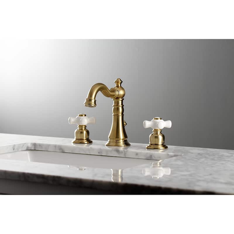 Kingston Brass American Classic Two-Handle 3-Hole Deck Mount Widespread Bathroom Faucet with Pop-Up Drain - Brushed Brass