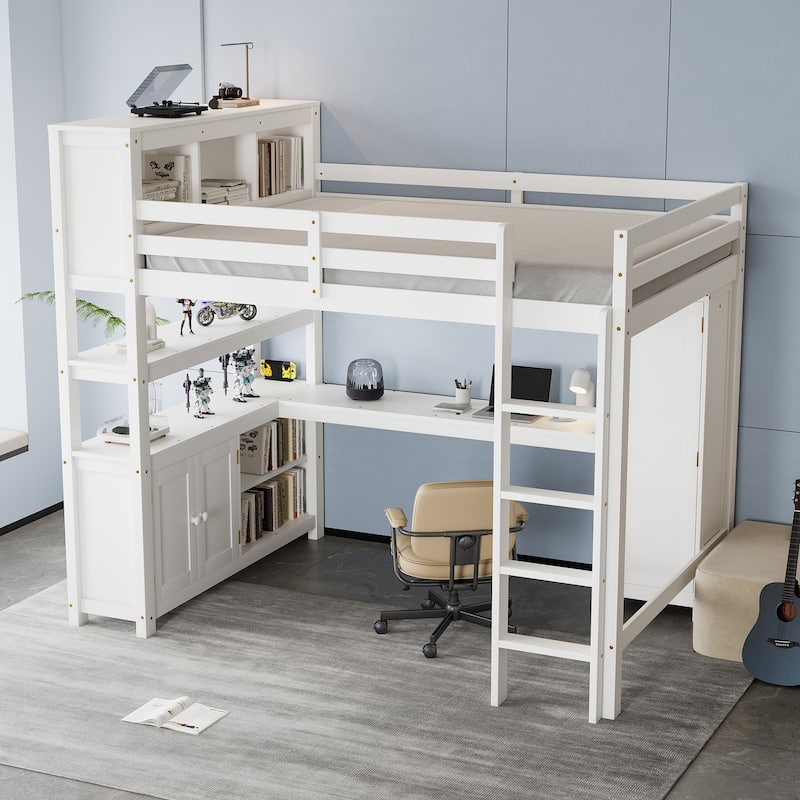 All-in-One Queen Size Loft Bed with L Shape Desk, Bookcase Headboard, Storage Cabinet and Built-in Wardrobe with Hanging Pole