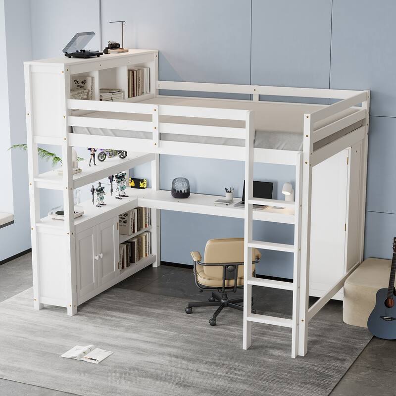 Wood Loft Bed with Cabinet and Bookshelf, Queen Size Loft with Wardrobe and Desk for Kids