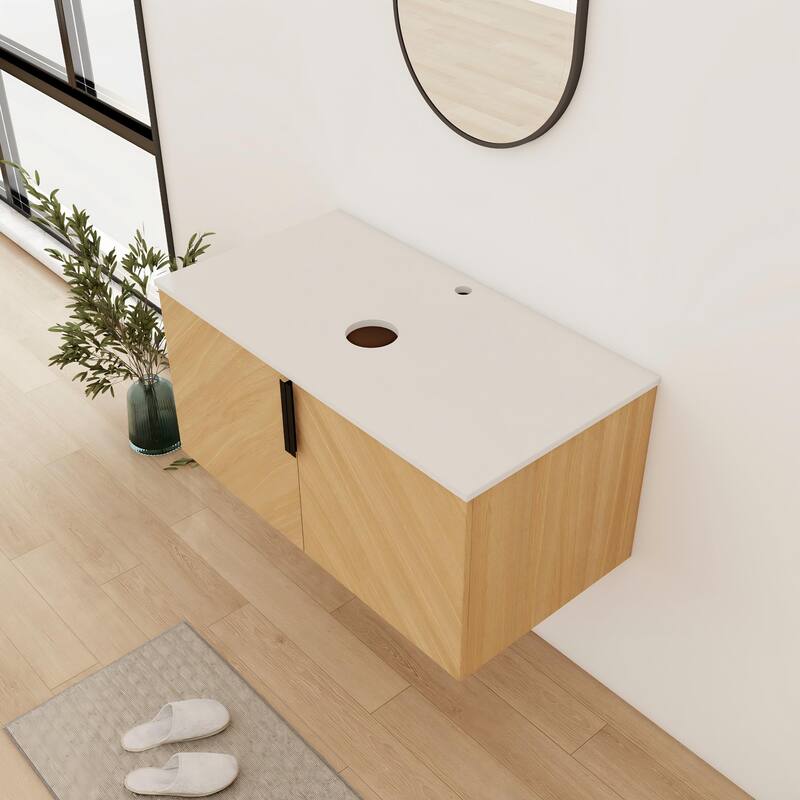 Bathroom Vanity With Sink In 30/36 Inch, Floating Bathroom Vanity With 2 Soft Close Doors - 35.44''W×18.88''D×17.06''H - Beige-No Sink