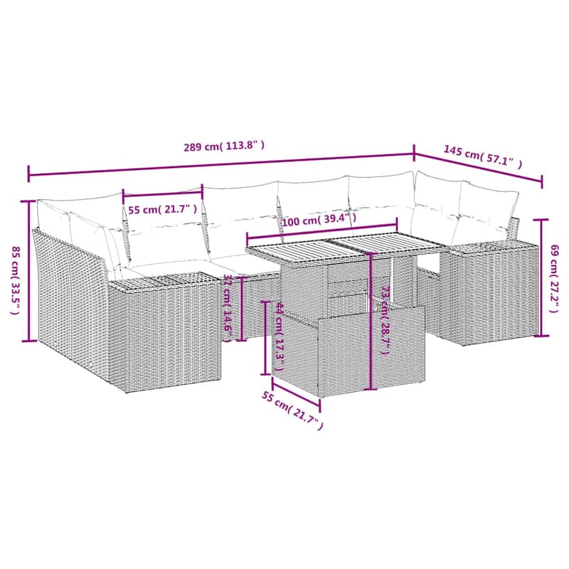 vidaXL Patio Sofa Set with Cushions Balcony Modular Sofas 8 Piece Poly Rattan - 21.7 x 39.4 x 28.7