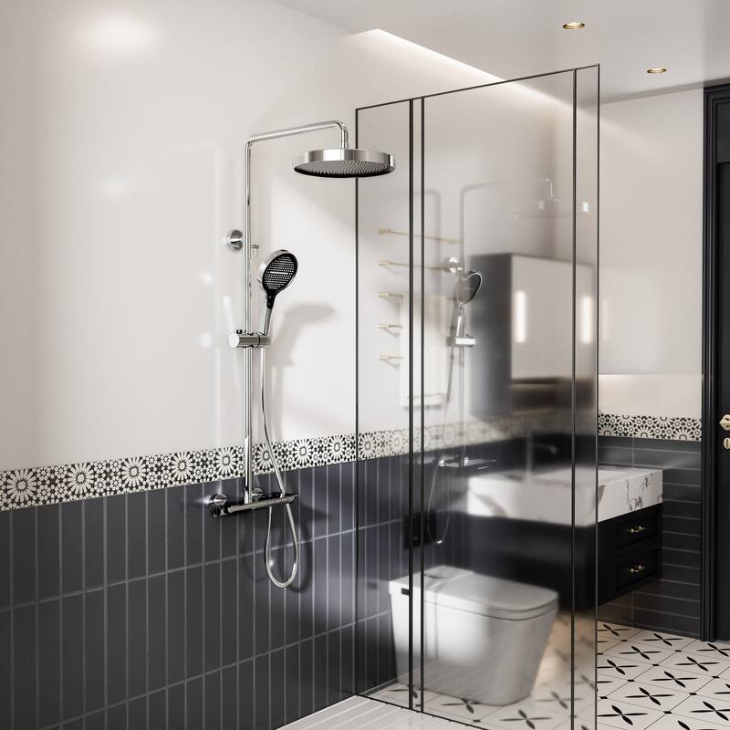 Modland 3-Function 11" Rainfall Shower System, Adjustable Slide Bar, 1.59GPM, Brushed Gold/Chrome - Chrome