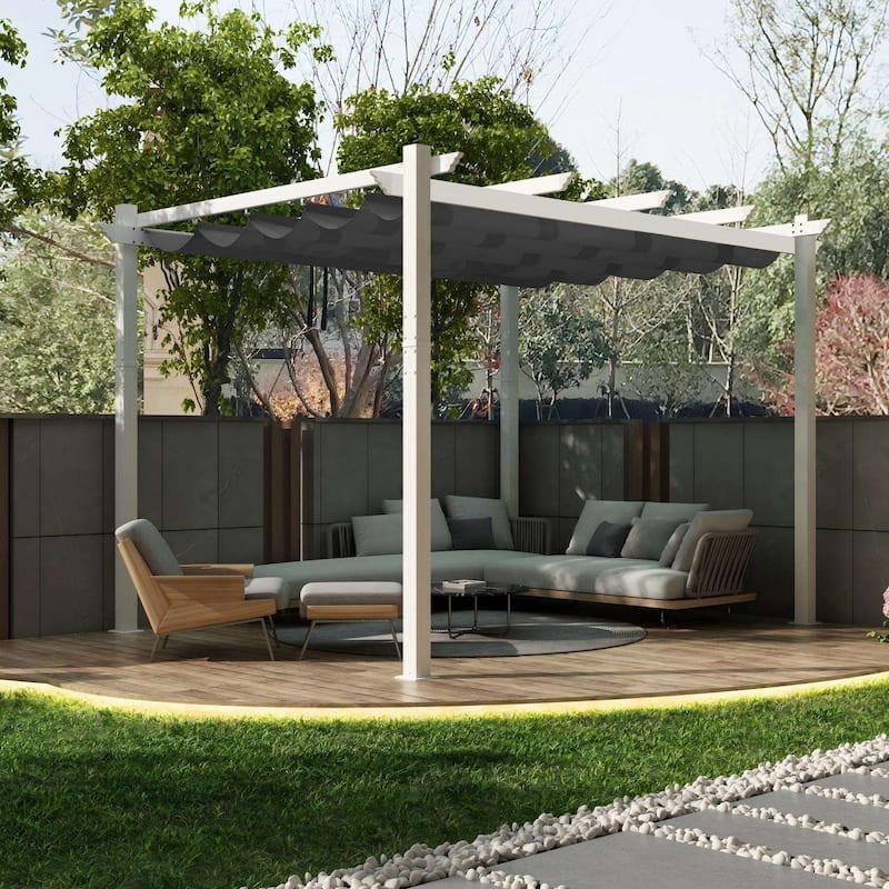 PURPLE LEAF Gazebo White Aluminium Outdoor Retractable Pergola with Canopy Cover