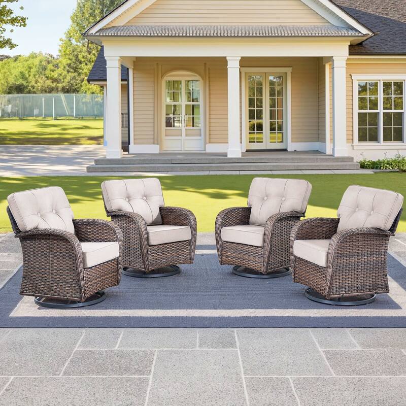 4 Pieces Pocassy Swivel Chair with Soft Cushion - Brown Wicker & Beige Cushion