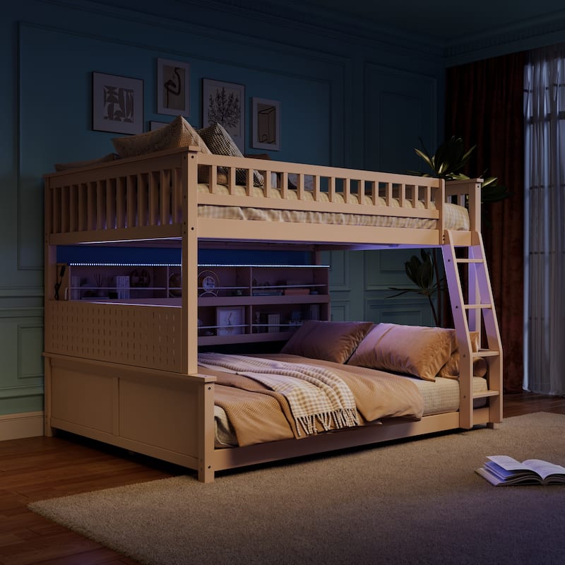 Full XL over Queen/Full over Full Bunk Bed with Integrated Shelving, Color-Changing Lights & Pegboard
