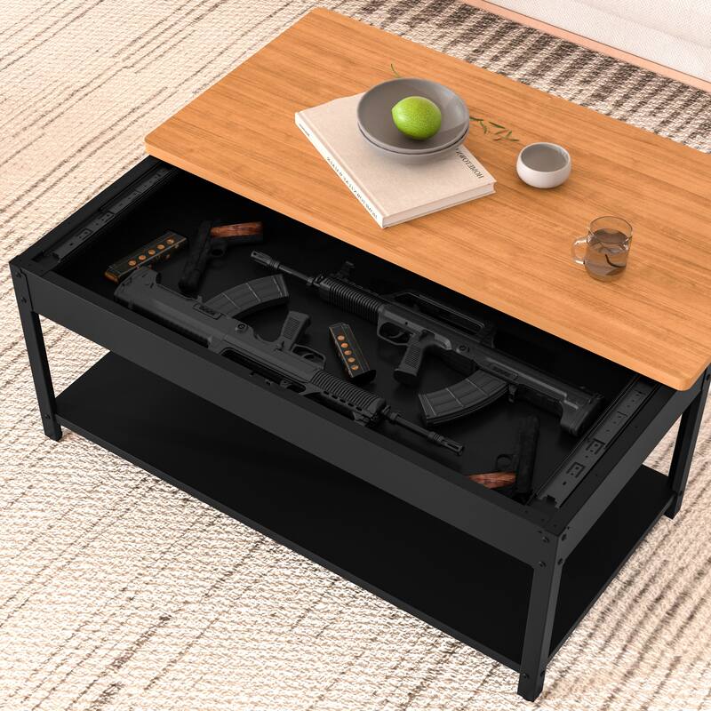 Rectangular double-layer coffee table with hidden storage compartment and fingerprint lock