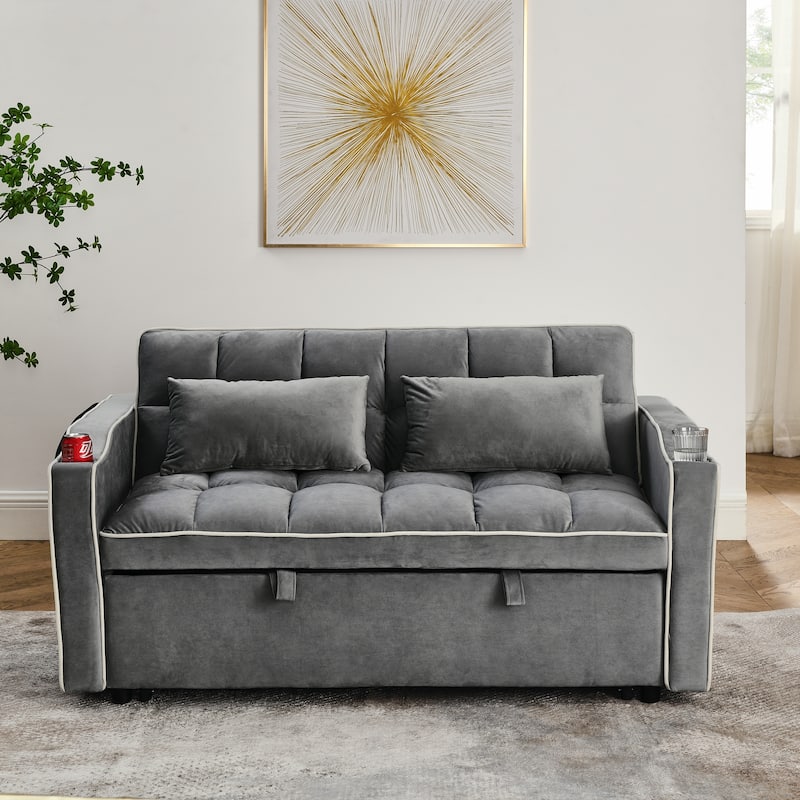 55.51" Velvet 2 Seater Sleeper Sofa with Adjustable Back, USB Port, Ashtray, Swivel Phone Stand, and 2 Pillows