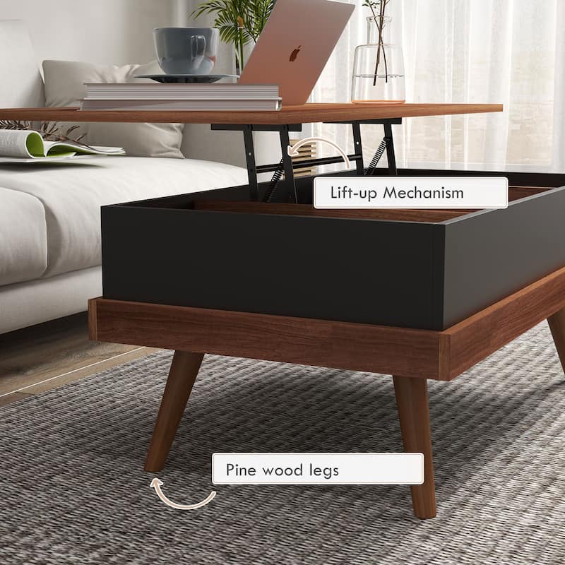 HOMCOM Lift Top Coffee Table, 39.25" Coffee Table with Hidden Compartments and Wood Legs