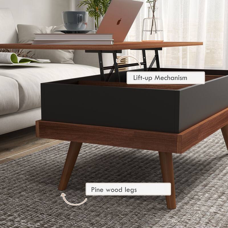 Lift Top Coffee Table with Hidden Compartments and Wood Legs