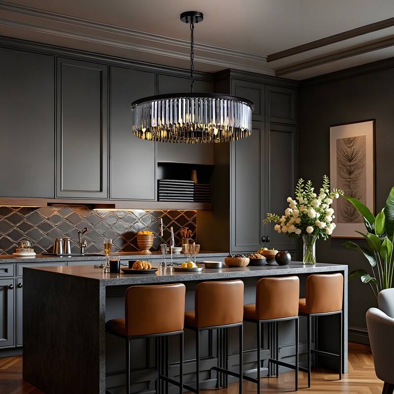 30-inch Smoky Gray Round Chandelier 2-Tier Modern Crystal Chandelier Kitchen Island Pendant Light for Dining Room Bedroom