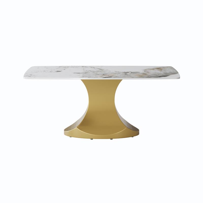 Dining Table for 6~8 Person, Faux Marble Kitchen Dining Table with Gold Pedestal.