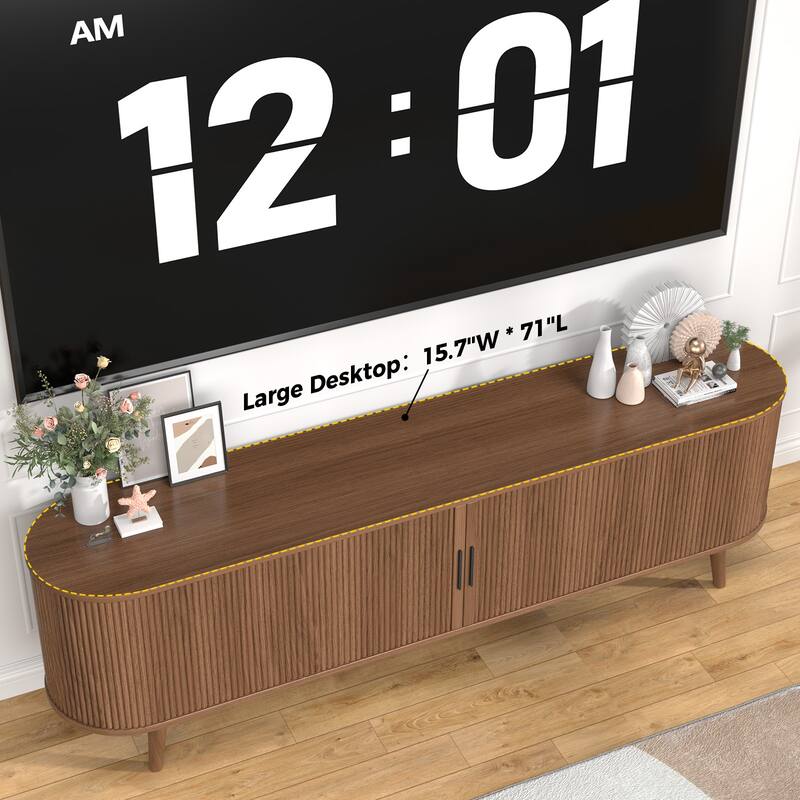 Gymojoy 71" Mid-Century Modern TV Stand, Walnut Media Console with Sliding Doors, Entertainment Center for TVs up to 80".