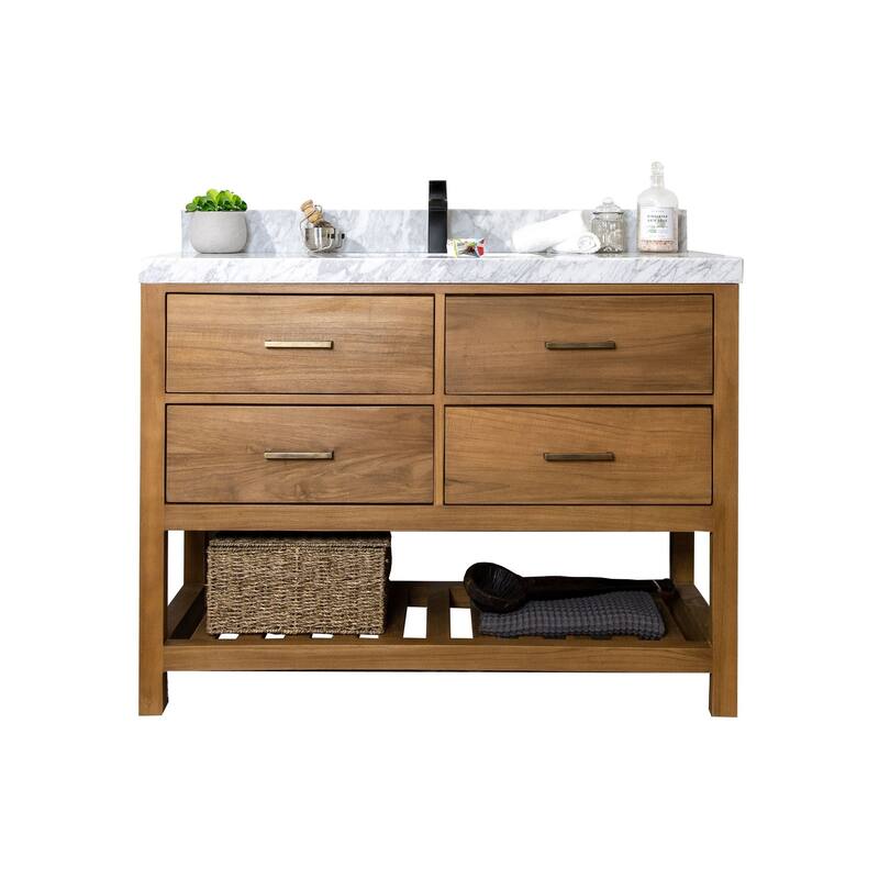 Willow Collections 48 in. W x 22 in. D Parker Solid Teak Single Sink Bathroom Vanity with Countertop - 2"Carrara Marble - Golden Teak