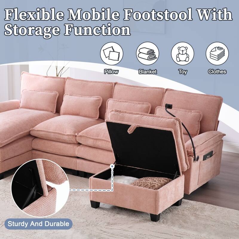 106.69" Modular U-shaped Sectional Sofa with Chaise Lounge and Ottoman, Pillows