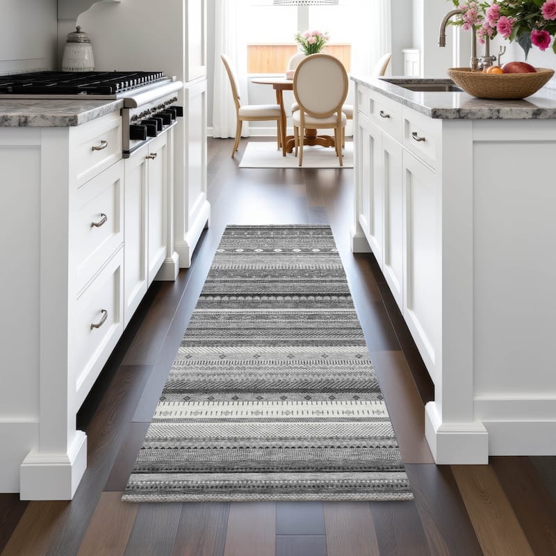 Machine Washable Indoor/Outdoor Boho Stripes Chantille Rug