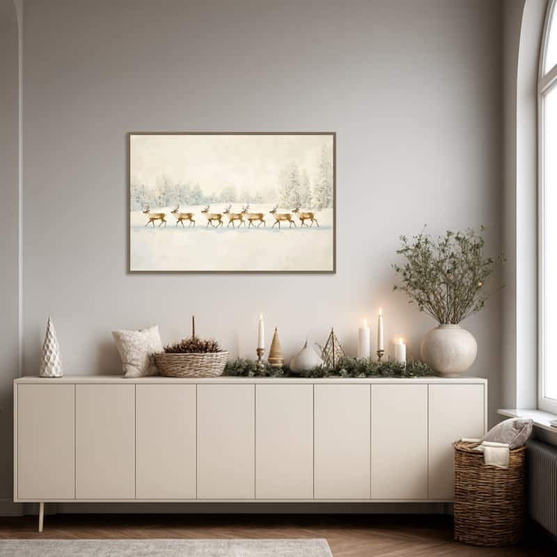 Winter Wonderland: Reindeer Procession by Melloi Art Prints Framed Canvas Wall Art Print - Sylvie Dark Gold
