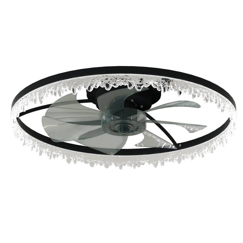 LunaDrift 16"20"24" Modern Black Crystal Smart Flush Mount Ceiling Fan with Light, Dimmable Bedroom Ceiling Fan w/Remote