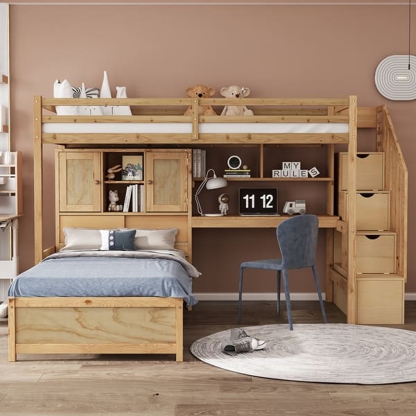 slide 2 of 34, Twin over Twin Loft Bed L-Shaped Bunk Bed with Desk and Storage Shelf, Storage Stairs, Double Door Storage Headboard Natural - Twin