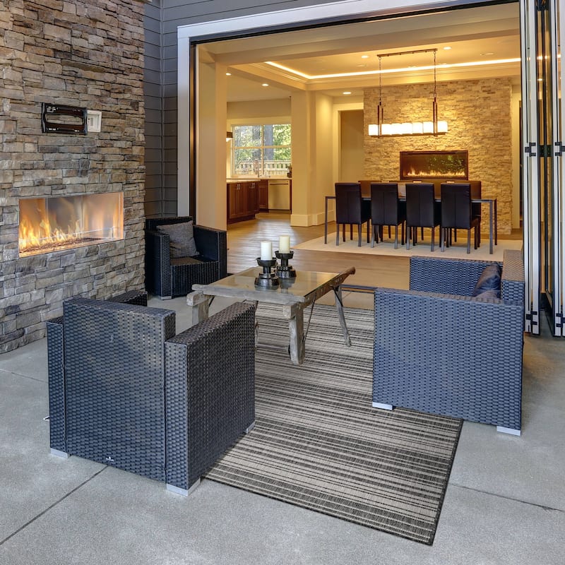 Beverly Rug Dark Grey Striped Indoor Outdoor Rug, Outside Carpet for Patio, Deck, Porch