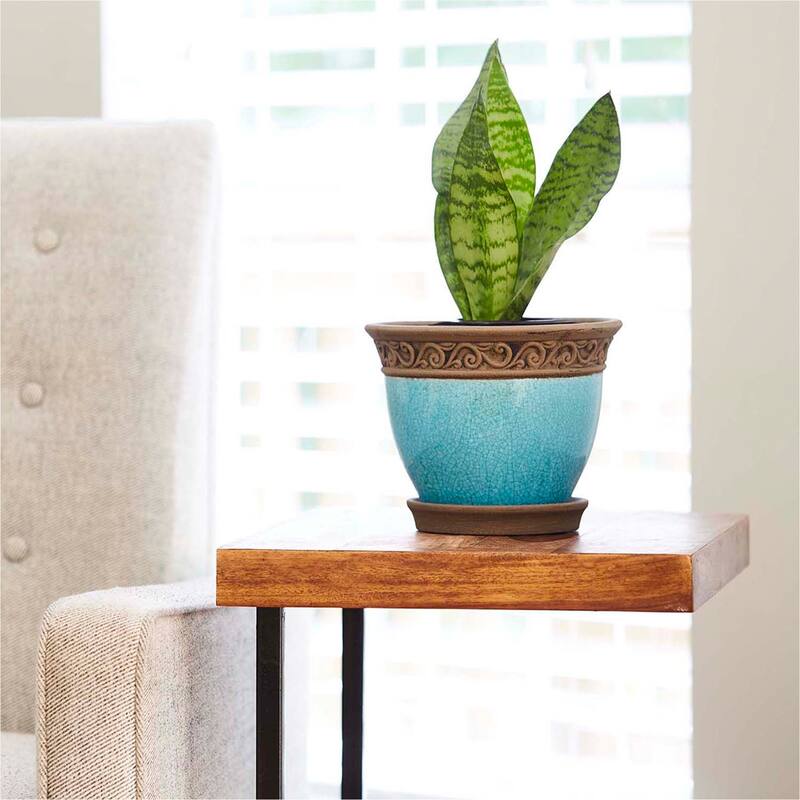 Southern Patio Cadiz 8" Crackled Ceramic Planter Pot with Saucer, Teal (3 Pack) - 8.16