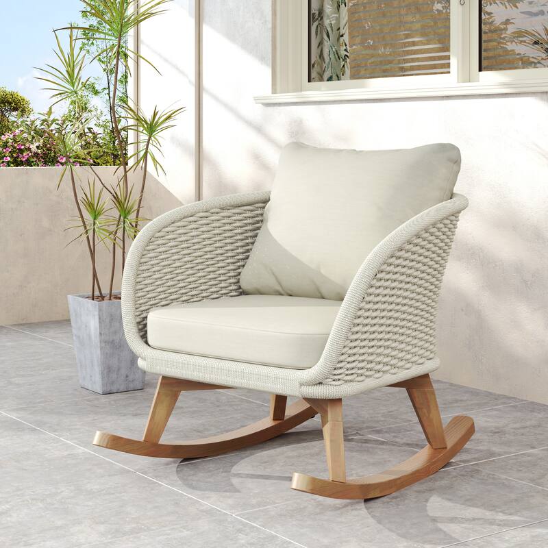 Contemporary Minimalist Beige Wicker Rocking Chair with Soft Polyester Cushions and Durable Wooden Frame - Beige+Natural