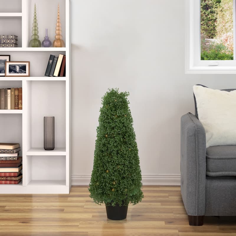 3' Pre-Lit Artificial Boxwood Cone Topiary Tree with Round Pot Clear Lights - 14