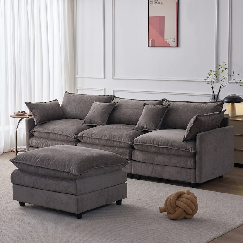 Chenille Upholstered L-shaped Sectional Sofa 3 Seater Modular Couch with Ottoman, Pillows and Double Layer Seat Cushions