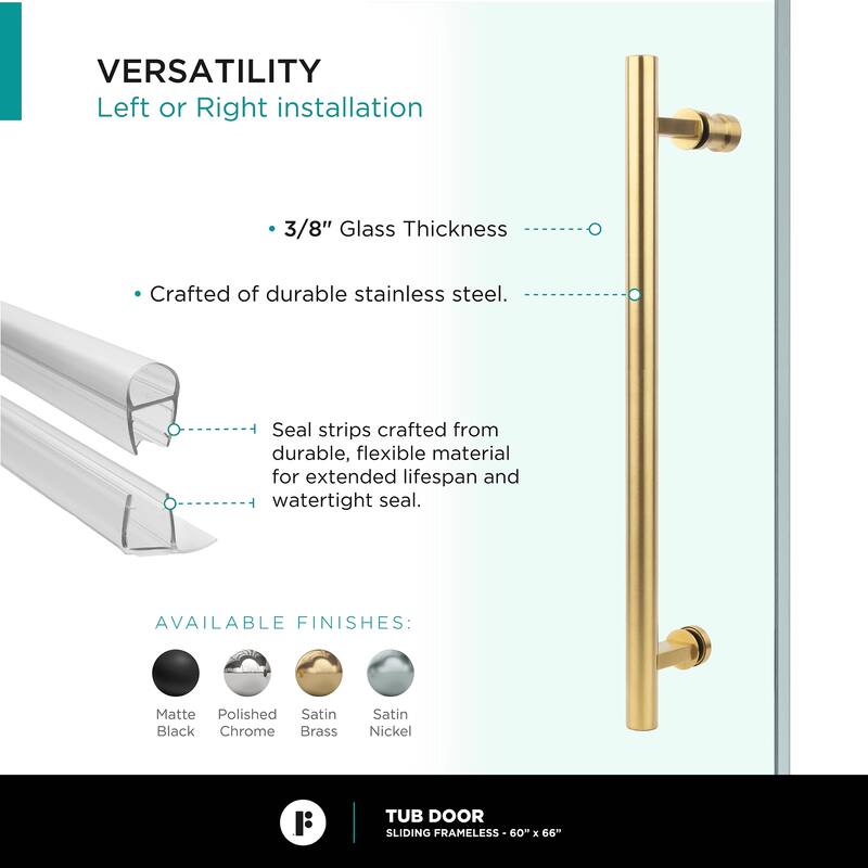 Fine Fixtures Tub Door Sliding Frameless Tempered Glass
