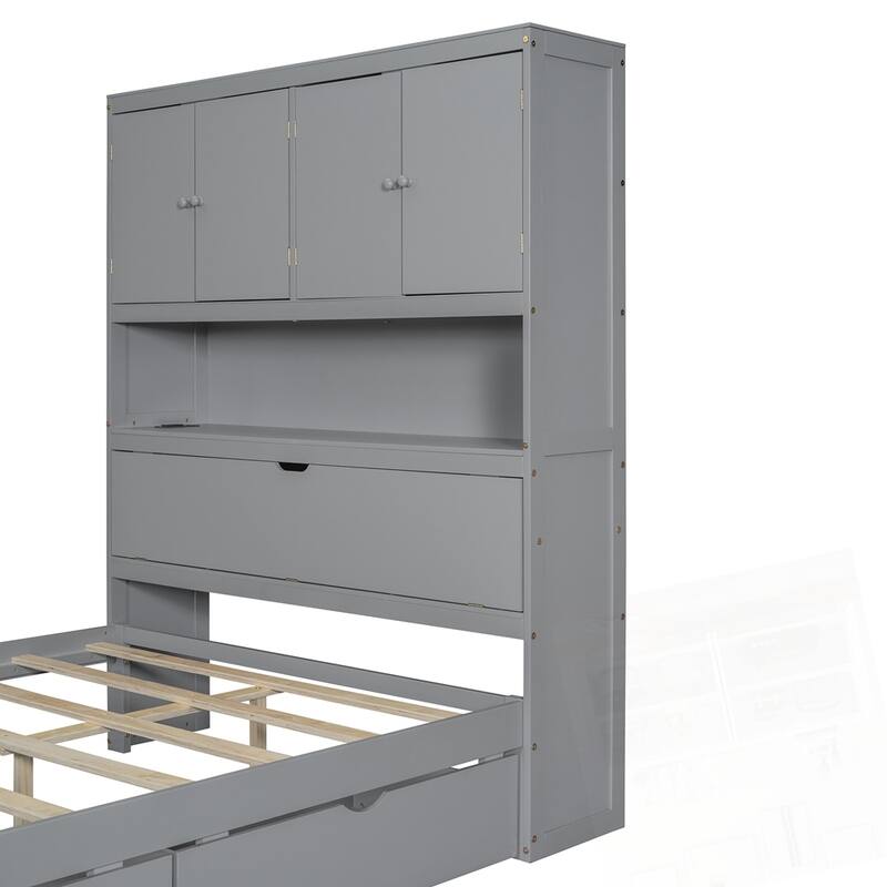 Full Size Wooden Platform Bed with USB and Drawers