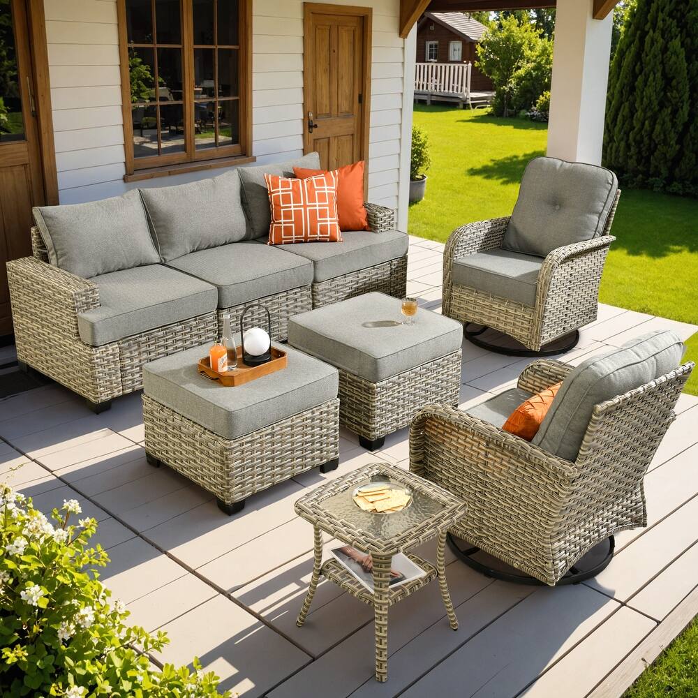 OVIOS 8 Pieces Wide Arm T shaped Seat Curved Swivel Chair Set With Ottoman