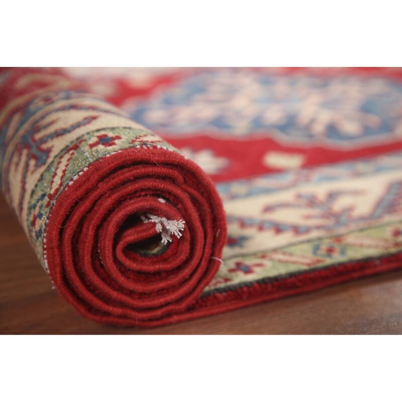 Hand Knotted Oriental 100% Wool Carpet Traditional Geometric Red Kazak Runner Rug - 8' 1'' X 2' 9''