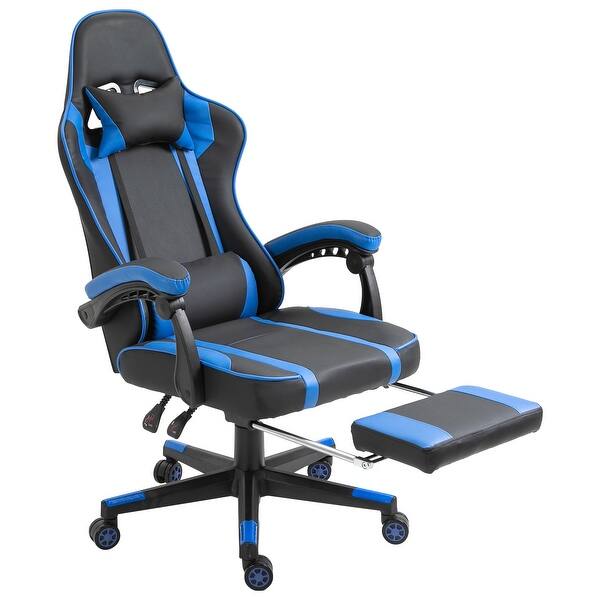 Vinsetto Office Gaming Chair Leather Covered Racing Style Reclining Back Adjustable Height W Lumbar Support Extensible Footrest Overstock 32200351 Blue