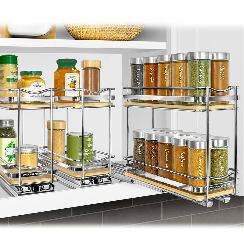 ® Élite™ Pull Out Spice Rack Organizer 4-1/4 inch Wide Slide Out Rack Wood and Chrome Sliding Spice Organizer Shelf