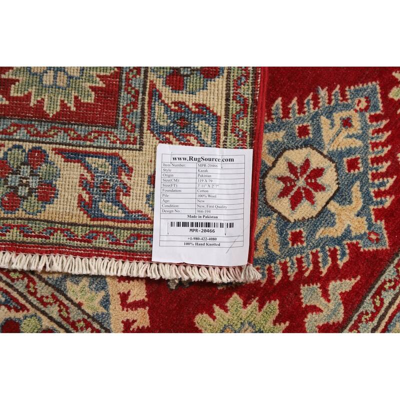 Red Kazak Foyer Rug Geometric Handmade Wool Carpet - 2'7"x 3'11"