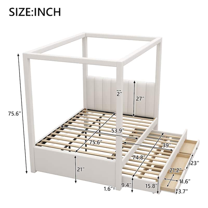 Modern Canopy Bed Frame with Upholstered Headboard/Wood Platform Bed with Trundle & 3 Storage Drawers/Wood Slats Support/Beige